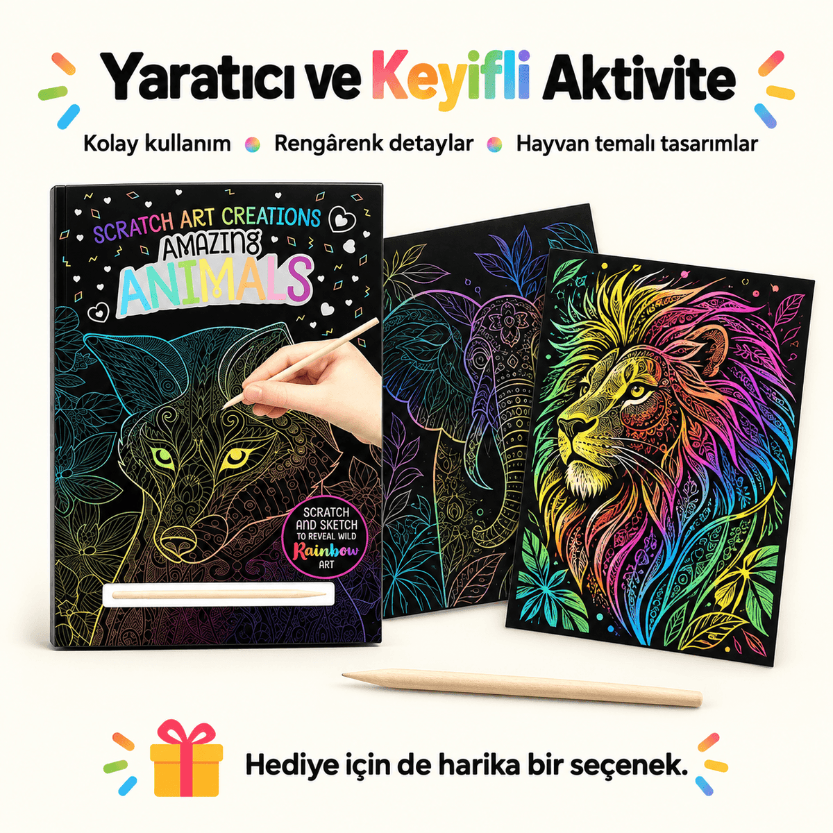 Luvoon™ Renkli Hayvanlar Kazıma Sanat Kitabı