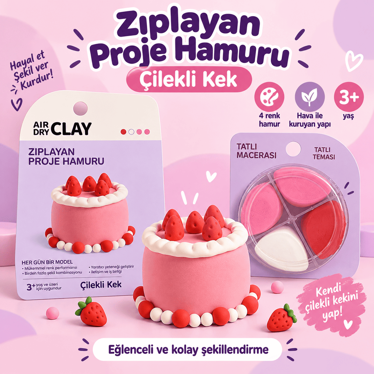 Luvoon™ Çilekli Kek Zıplayan Proje Hamuru