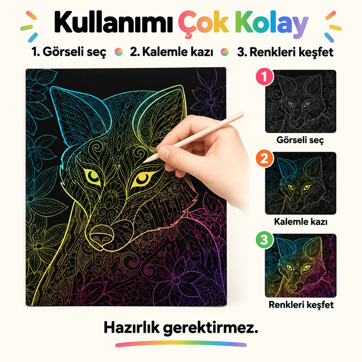 Luvoon™ Renkli Hayvanlar Kazıma Sanat Kitabı
