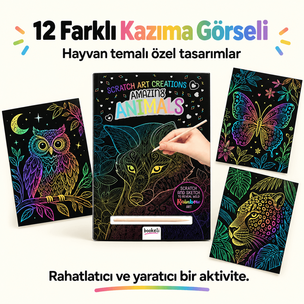 Luvoon™ Renkli Hayvanlar Kazıma Sanat Kitabı