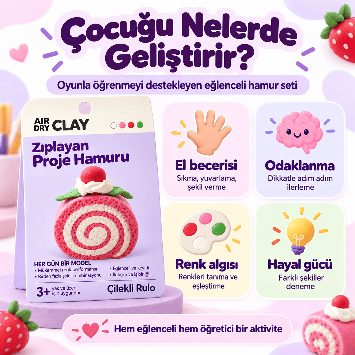Luvoon™ Çilekli Rulo Zıplayan Proje Hamuru