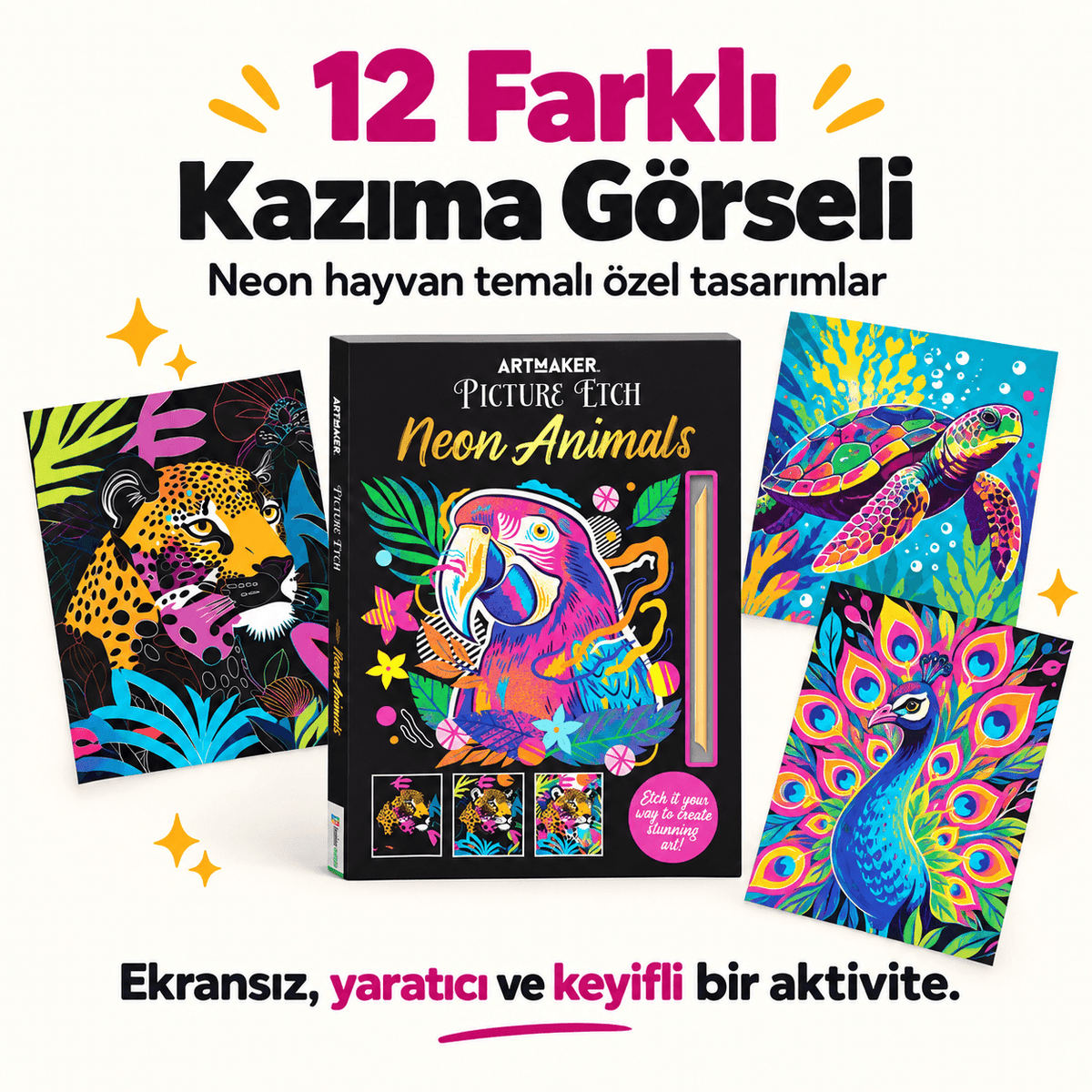 Luvoon™ Neon Hayvanlar Kazıma Sanat Kitabı