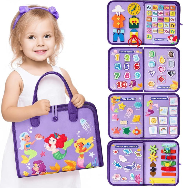 Luvoon™ Montessori Keçe Aktivite Çantası Busy Book 8’i 1 Arada Mor Denizkızı