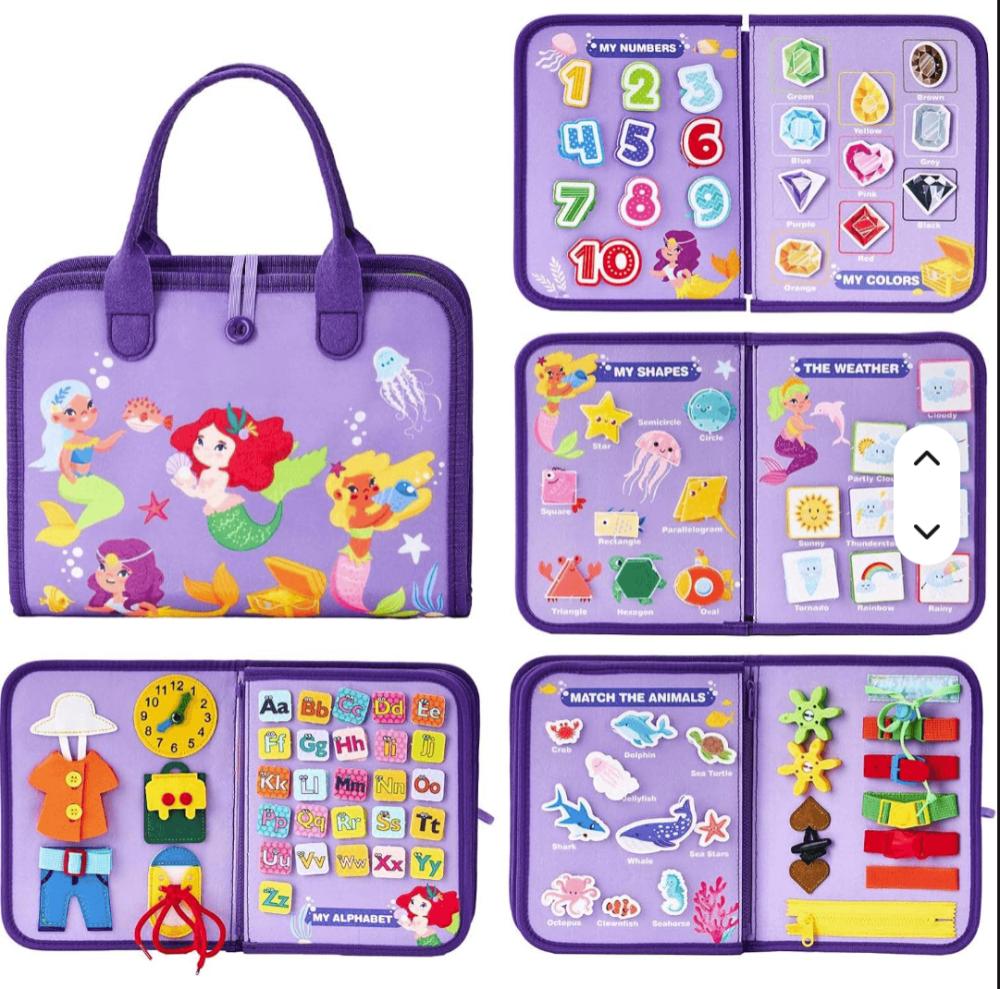 Luvoon™ Montessori Keçe Aktivite Çantası Busy Book 8’i 1 Arada Mor Denizkızı